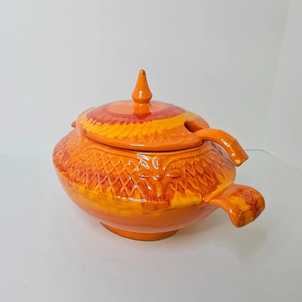 Vintage Orange Red Drip Glaze Ceramic Soup Tureen with Lid and Ladle 3pc Set MCM